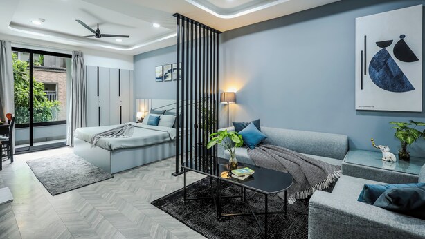 Una sala de estar moderna con un sofá, una mesa de centro y una planta decorativa.