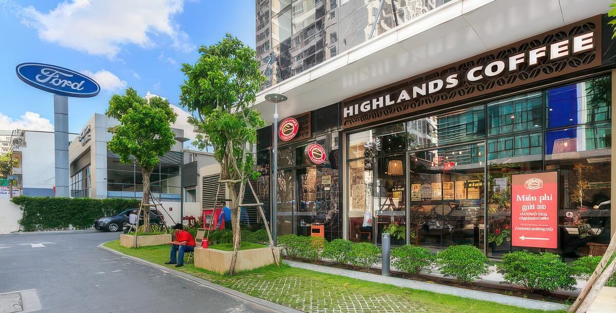 En butik med skiltning for Highlands Coffee, et Ford-autoværksted og et fodgængerfelt.