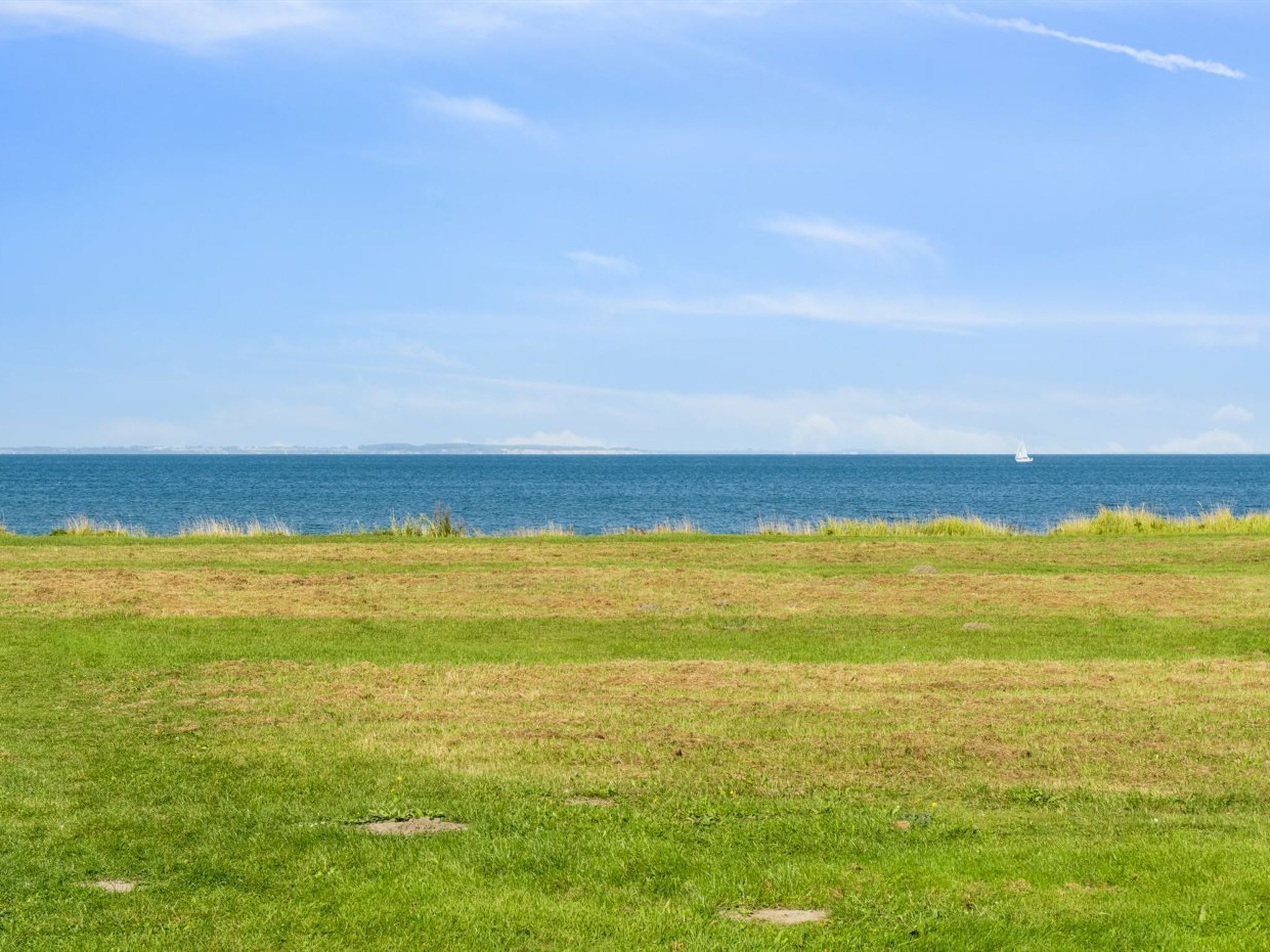 A grassy field with a view of the ocean and a distant sailboat.