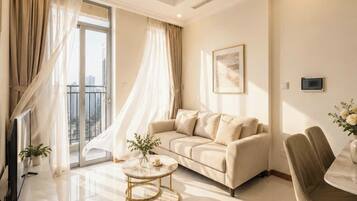 Superior Apartment, 1 Bedroom, Kitchen, City View | Living area | 35-inch TV with cable channels