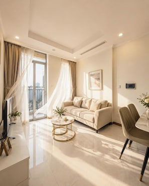 Superior Apartment, 1 Bedroom, Kitchen, City View | Living area - Urban Zen Saigon - Vinhomes Landmark 81 (Ho Chi Minh City)