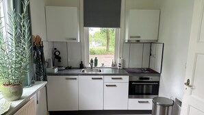 Eine moderne Küche mit weißen Schränken, einer Edelstahl-Spüle und einem Backofen.