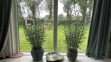 Dues plantes en testos sobre un davantà amb vista a un jardí.