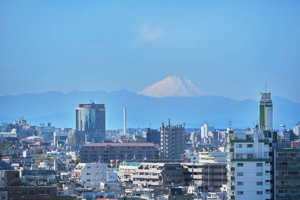 A cityscape with a prominent mountain in the background. - Fuji no ma (Shibuya-ku)
