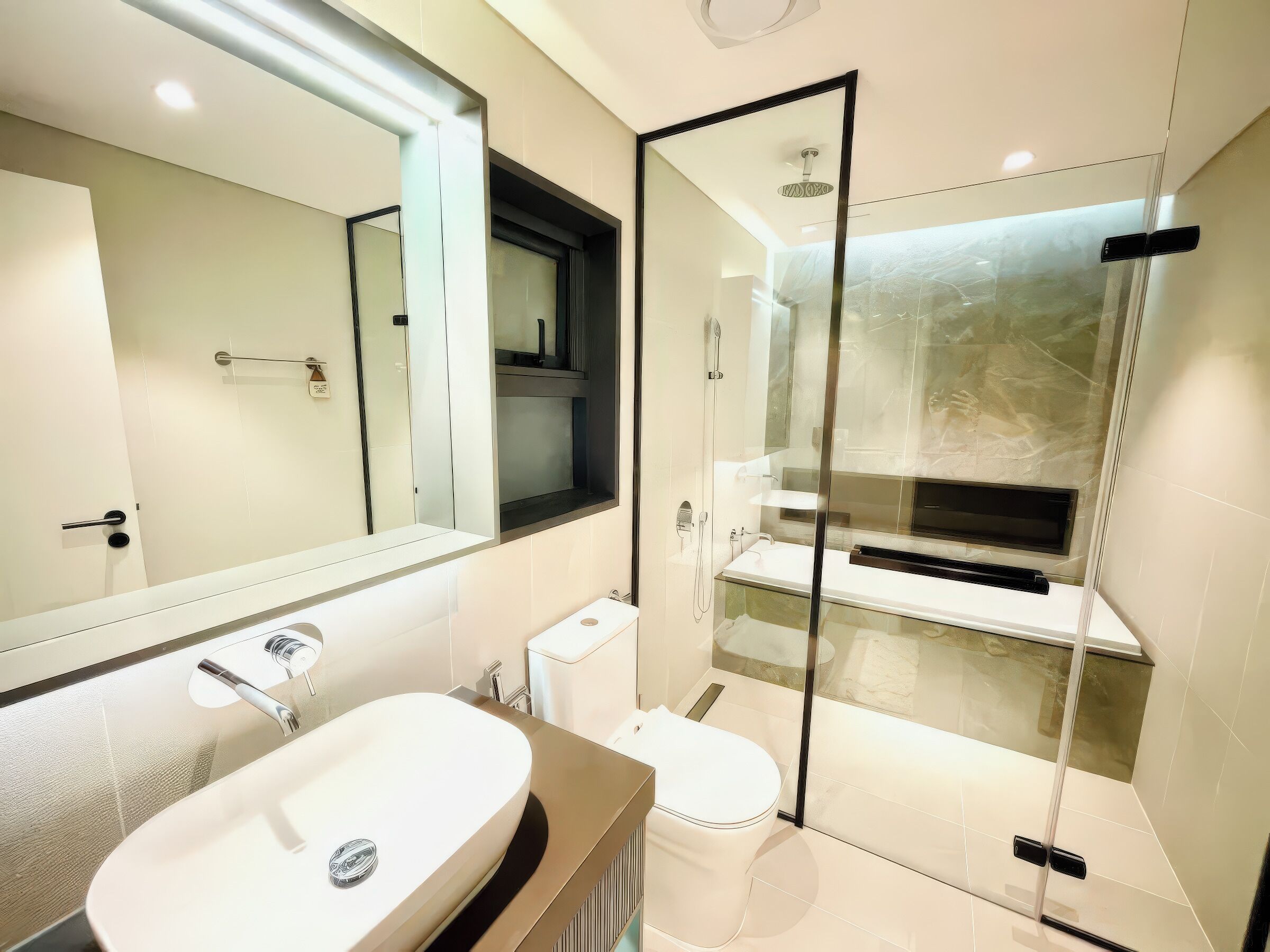 Ein modernes Badezimmer mit großem Spiegel, Waschbecken, Toilette und Duschkabine.