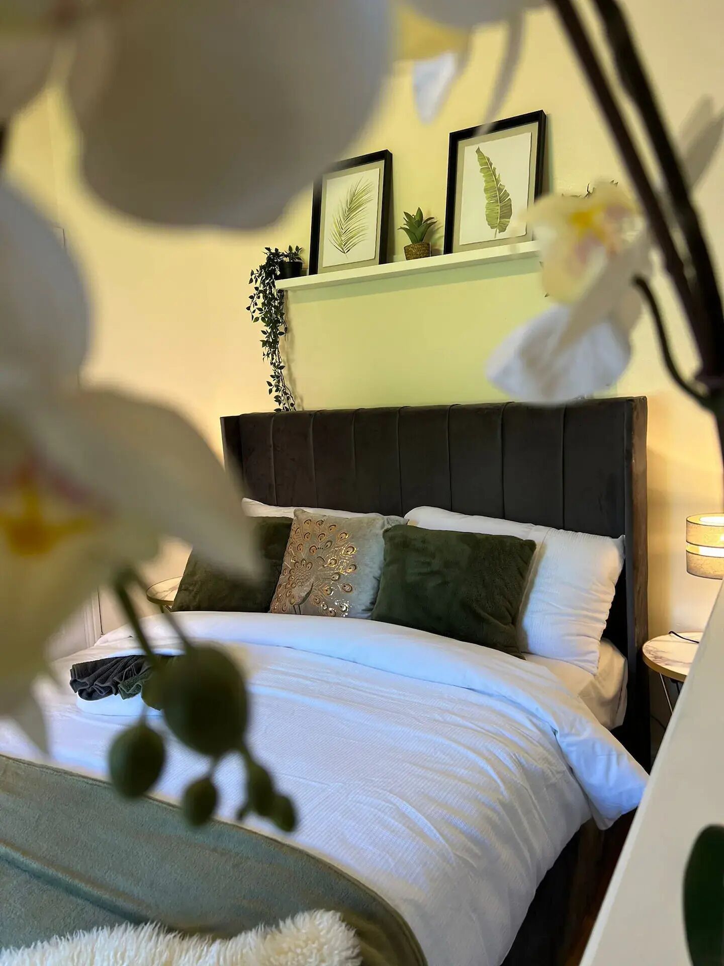 Een opgemaakt bed met donker hoofdbord, wit beddengoed en decoratieve kussens. Bovenaan het bed hangen ingelijste botanische prints, en op het nachtkastje staat een kleine pot met een plantje.