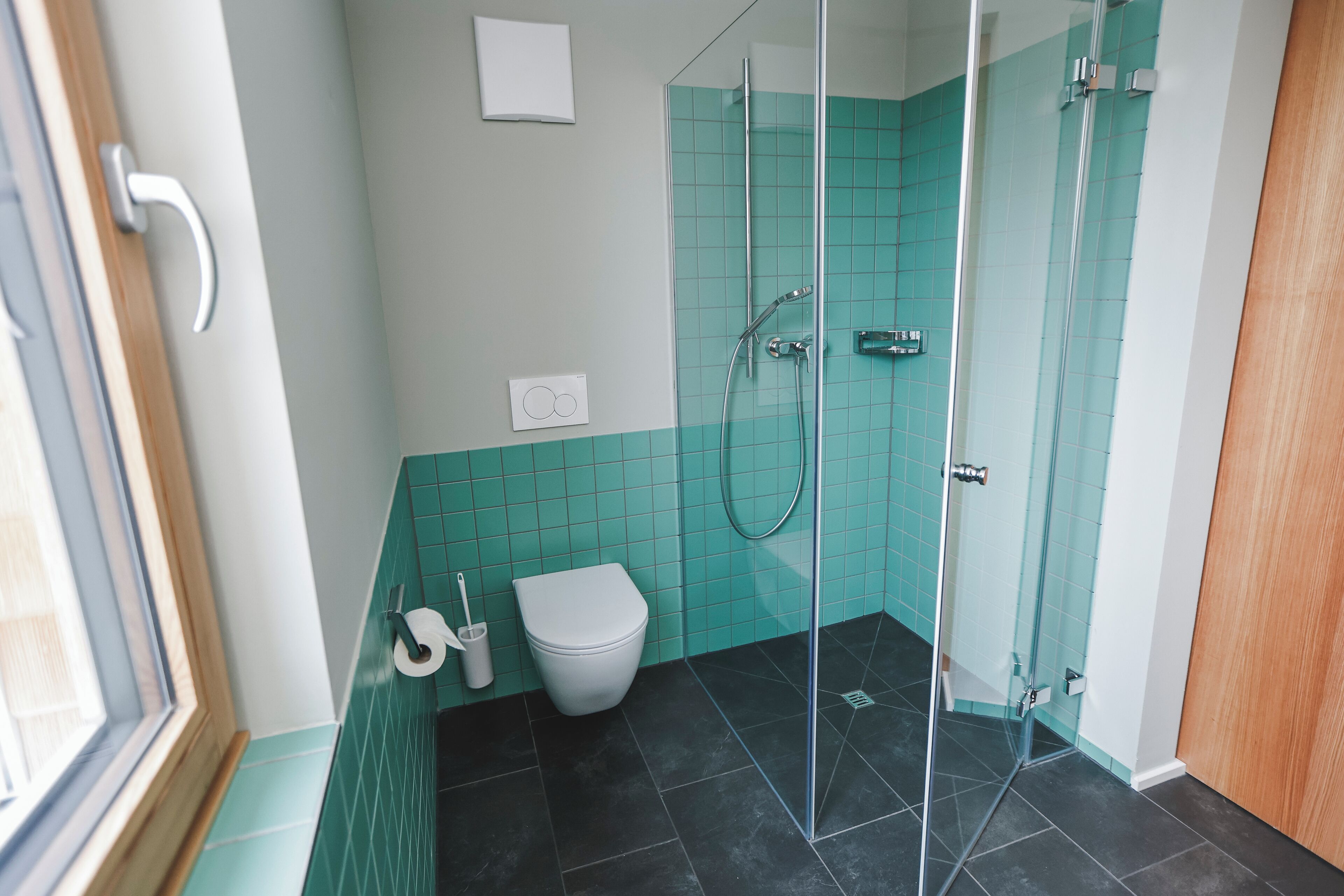 Ein modernes Badezimmer mit Duschkabine aus Glas, einer weißen Toilette und Wandfliesen in Türkis.
