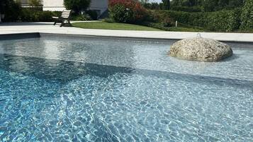Seasonal outdoor pool, pool loungers