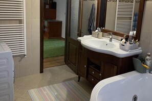 Combined shower/bathtub, deep-soaking bathtub, hair dryer, towels
