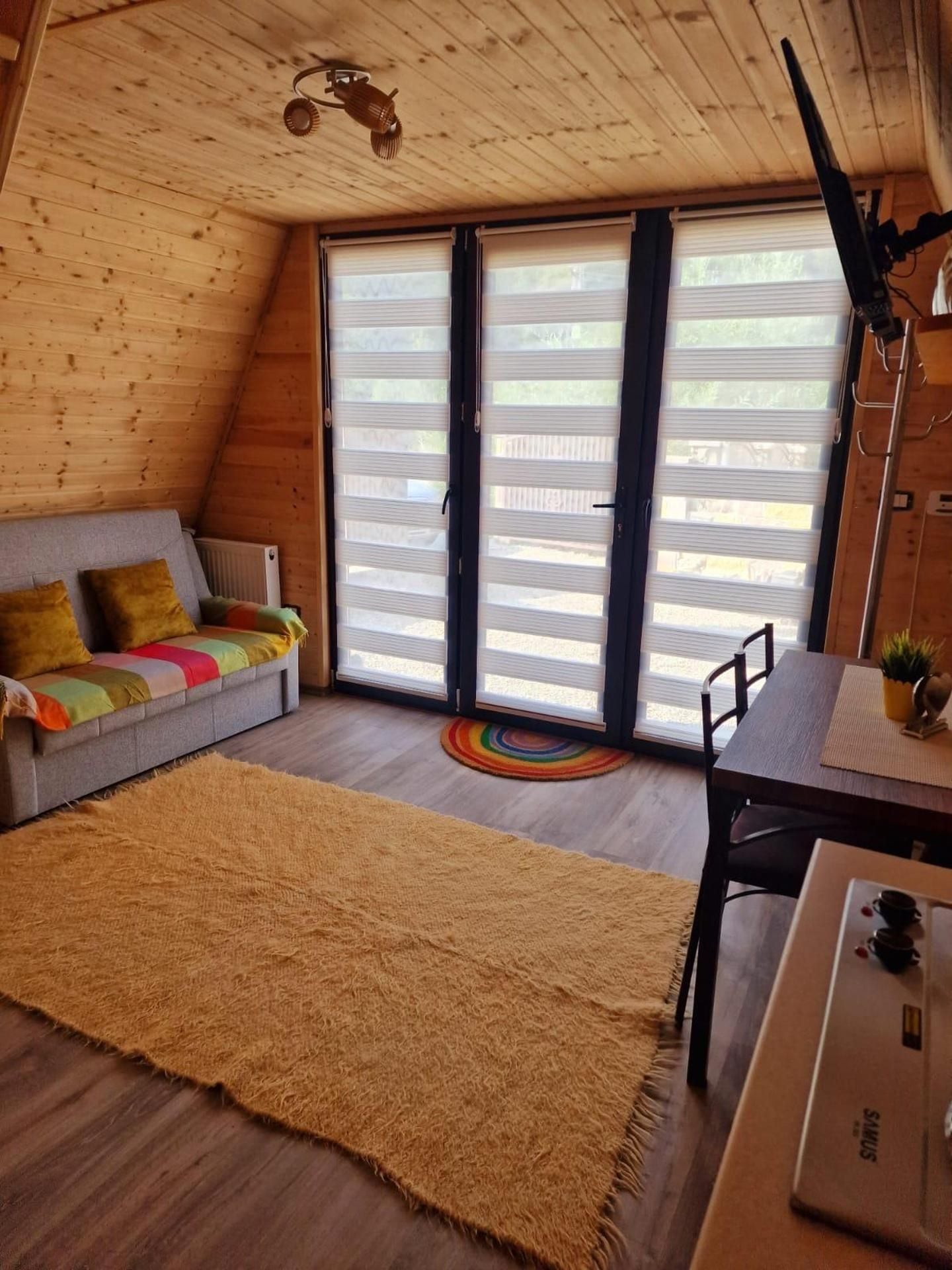 Una habitació acollidora amb un sostre inclinat, un sofà amb coixins de colors, una catifes gran i una taula amb una planta.