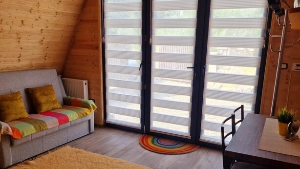 A cozy room with a sloped ceiling, a sofa with colorful cushions, a large rug, a table with a plant, and a ceiling fan. - Bucovina-a-framehouse-hottub-fireplace-patio-wifi (Sucevita)