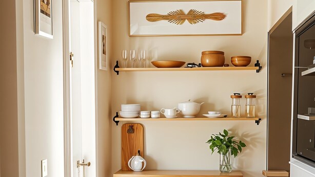 A narrow hallway with wooden flooring, a small wooden desk with drawers, a shelf with kitchenware, a framed picture, and a basket. - cinecittaroomshaven (Rome)