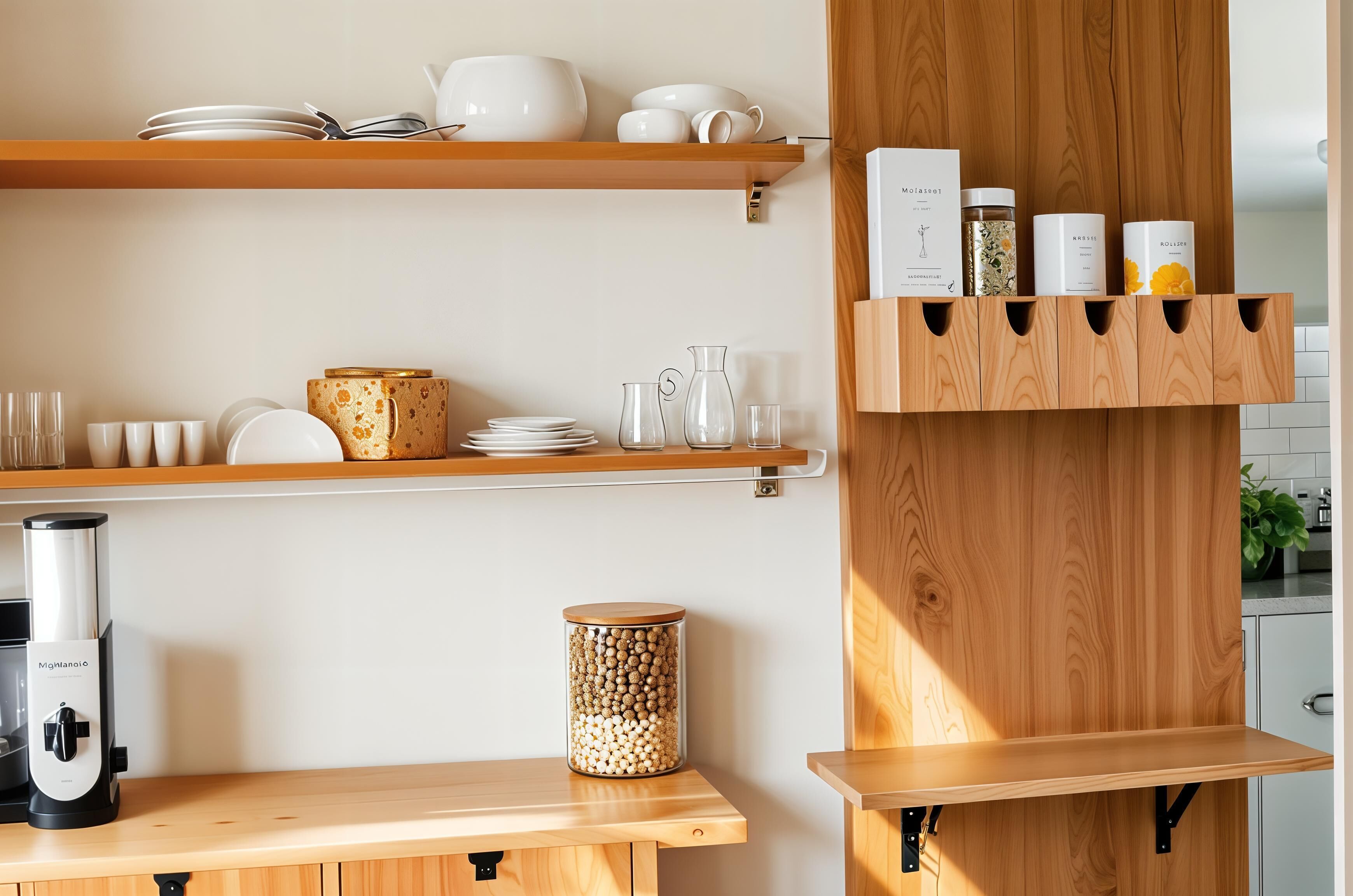 Eine Küche mit Holzböden, die Geschirr, eine Kaffeemaschine und ein Gewürzglas beherbergen.