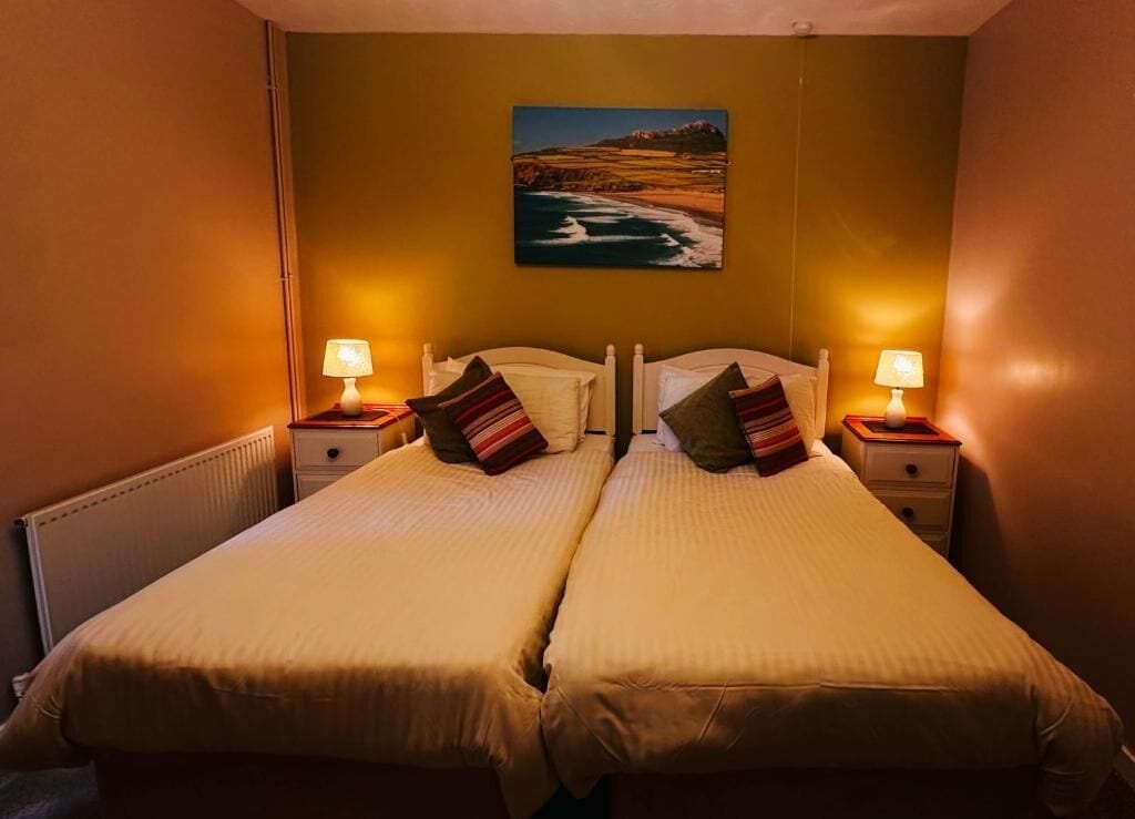 A double room with two beds, each with a pillow and a nightstand with a lamp.