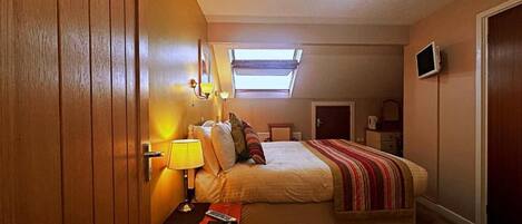Un dormitorio con cama, mesita de noche, lámpara, televisor y tragaluz.