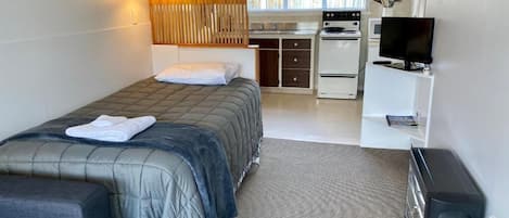 A compact room with a bed, a small sofa, a TV, a kitchenette, and a window.