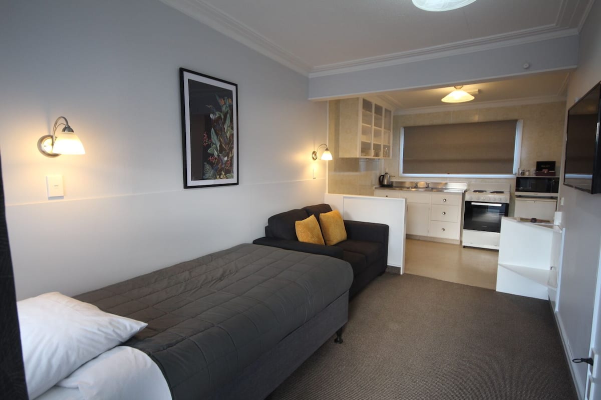 A compact room with a bed, a sofa, a kitchenette, and a framed picture on the wall.
