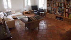 A living room with a sofa, a wicker chair, a television, a bookshelf, and a fireplace. - 10 persons accommodation: spacious 6 pers villa + 4pers Cabanon in Aups (Provence) (Aups)