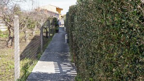 A narrow pathway flanked by a wire fence and dense shrubbery, leading to a building with a yellow facade. - Casa Graziosa - Appartamento 5 (Nurachi)
