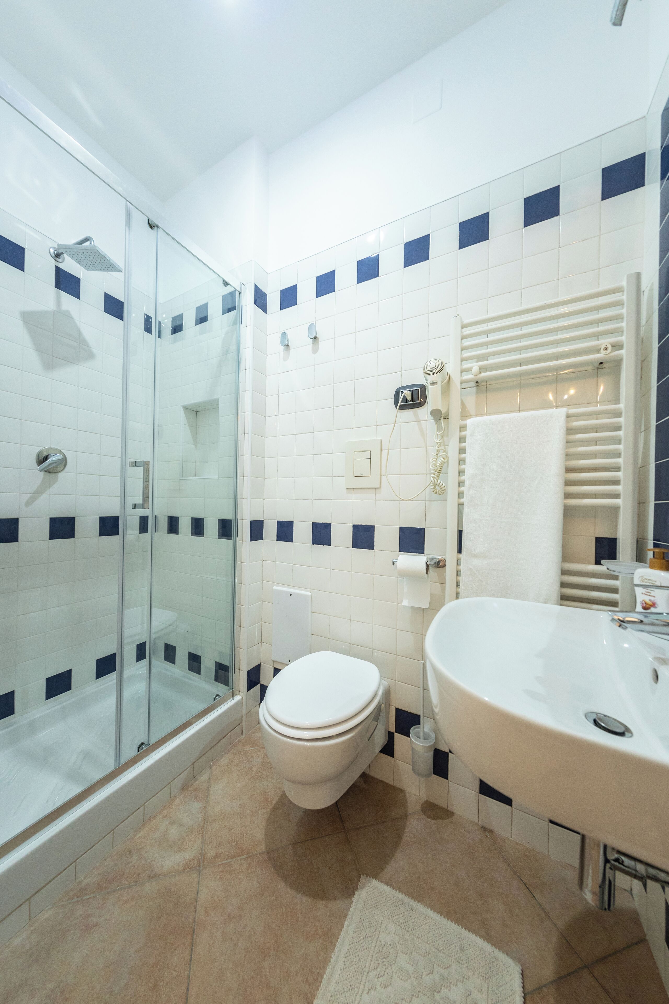 Een badkamer met een douchecabine van glas, toilet, wastafel en een handdoekhouder.
