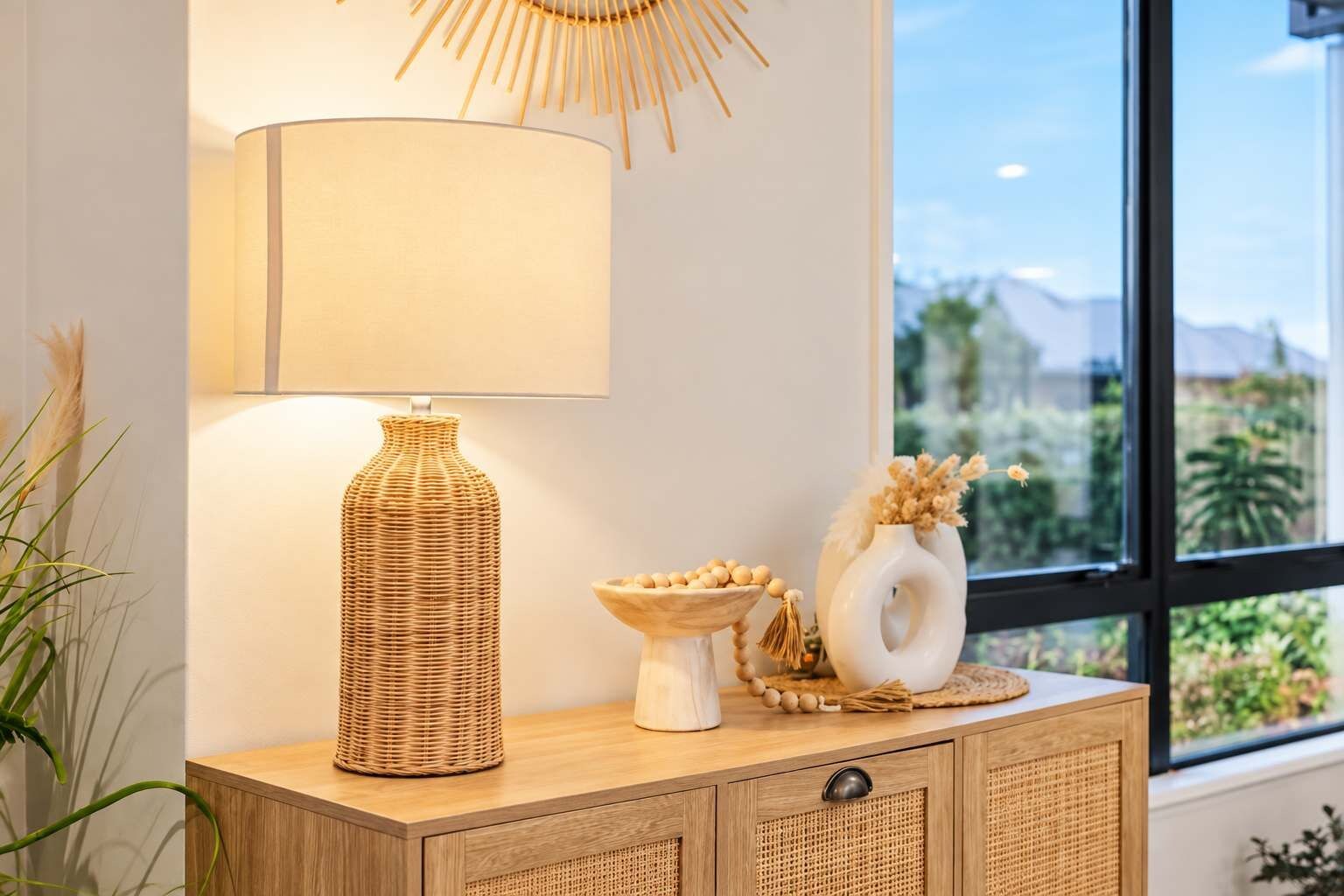 A room with a large window, a wicker lamp, a white vase, and a wooden cabinet.