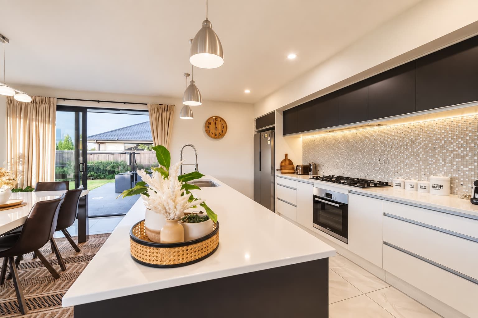 Uma cozinha moderna com ilha central, eletrodomésticos de aço inoxidável e um arranjo de planta decorativa.