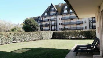 Une cour avec une pelouse, une haie et une rangée de fauteuils de jardin noirs.
