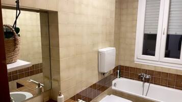 Hair dryer, bidet, towels, toilet paper