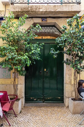 A building entrance with a green door, a number "120" above it, and two potted trees on either side.