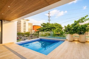 Una piscina en la azotea con vistas despejadas del paisaje urbano, rodeada de plantas en macetas y un techo de madera.