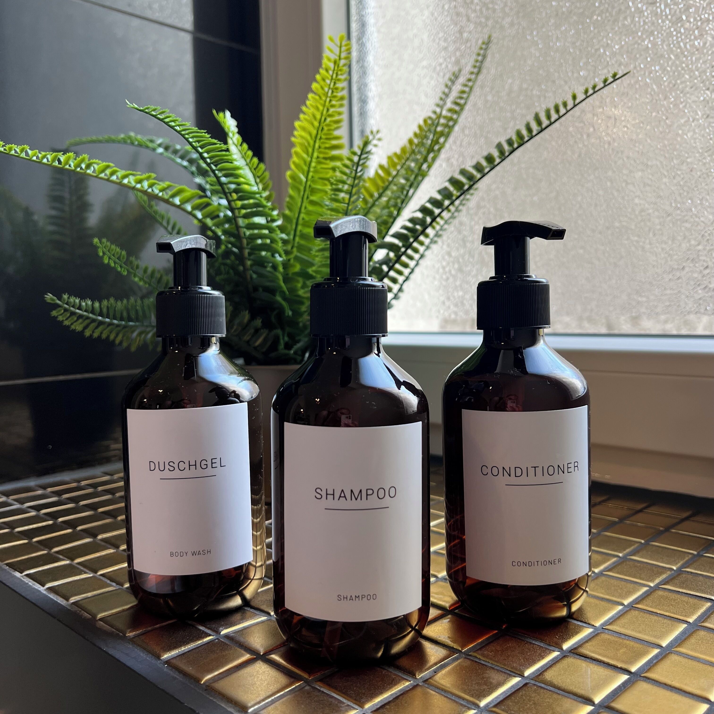 Drei Flaschen Duschgel, Shampoo und Conditioner auf einer gefliesten Oberfläche, im Hintergrund eine Pflanze.