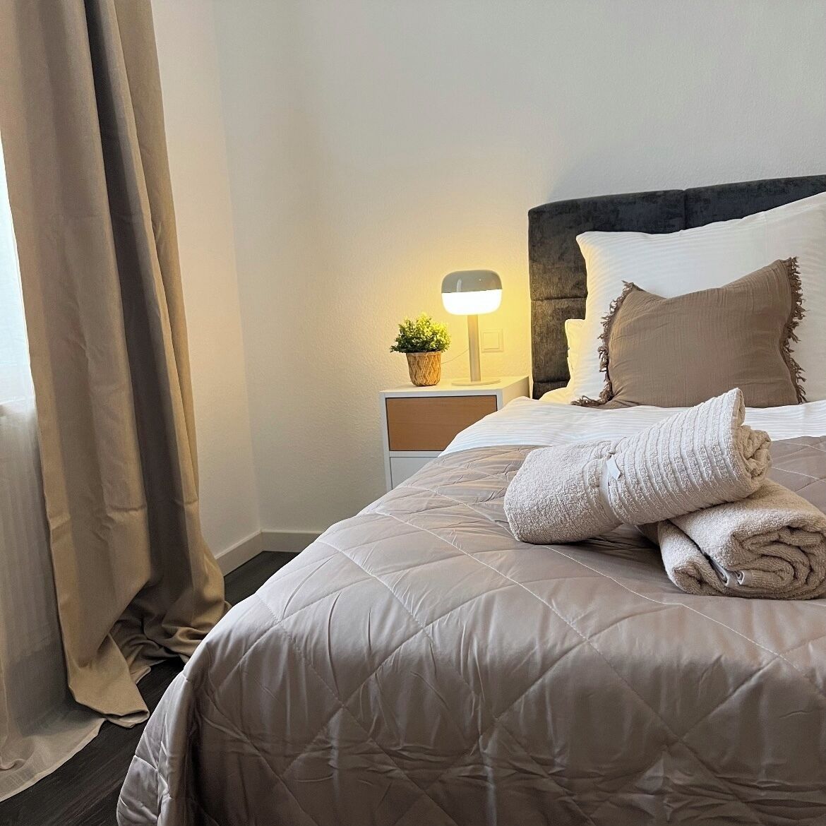 A neatly made bed with a quilted duvet, a bedside lamp, and a small potted plant on the nightstand.