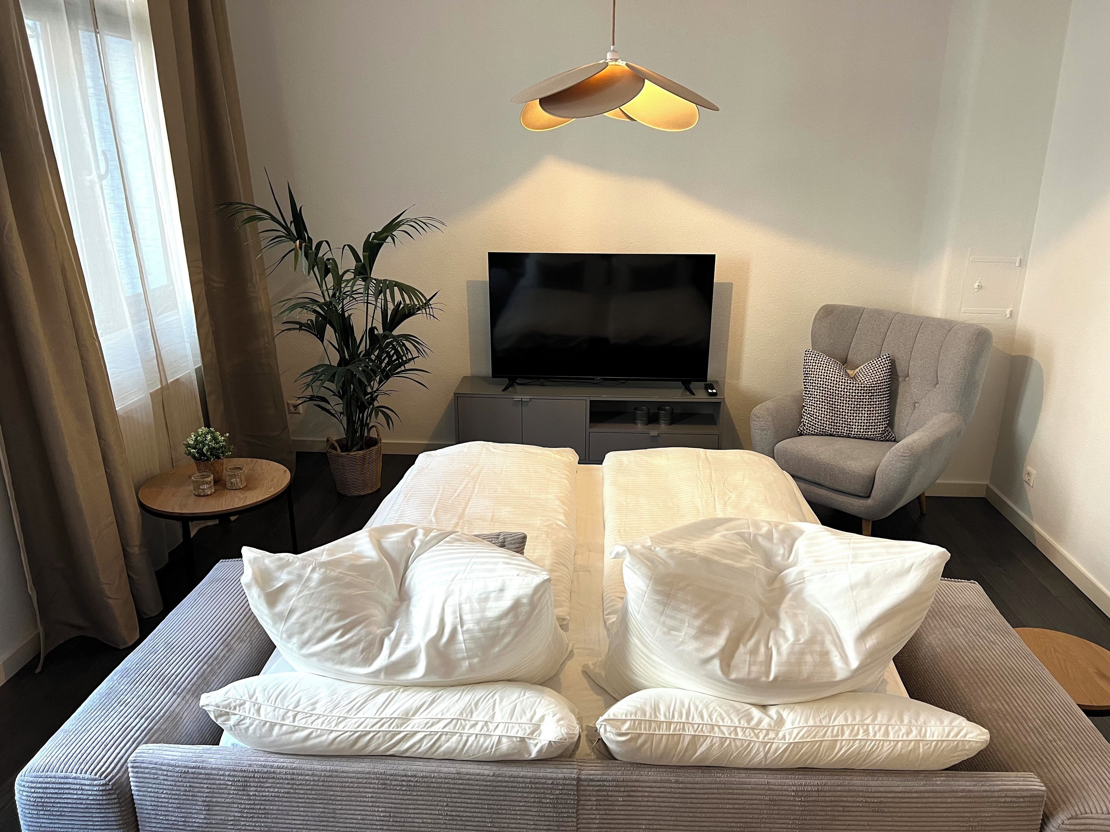 Ein Hotelzimmer mit einem Bett, einem Fernseher, einem grauen Sessel, einem kleinen Tisch und einer Topfpflanze.