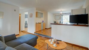 A modern living room with a sofa, a coffee table, a TV, and a kitchen area with a counter and cabinets. - Ca Cornocc With Private Terrace in Gordola (Gordola)
