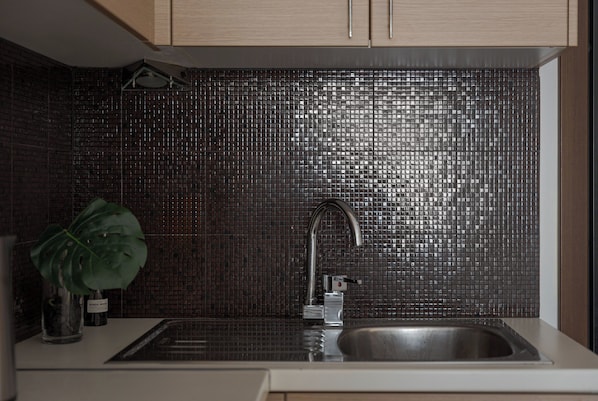 Deluxe Apartment, Balcony | Private kitchen | Fridge, microwave, espresso maker, coffee/tea maker