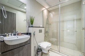 Shower, hair dryer, towels, soap - Charming 1BR in Orchid Residence, Al Barsha South by Deluxe Holiday Homes (Dubai)