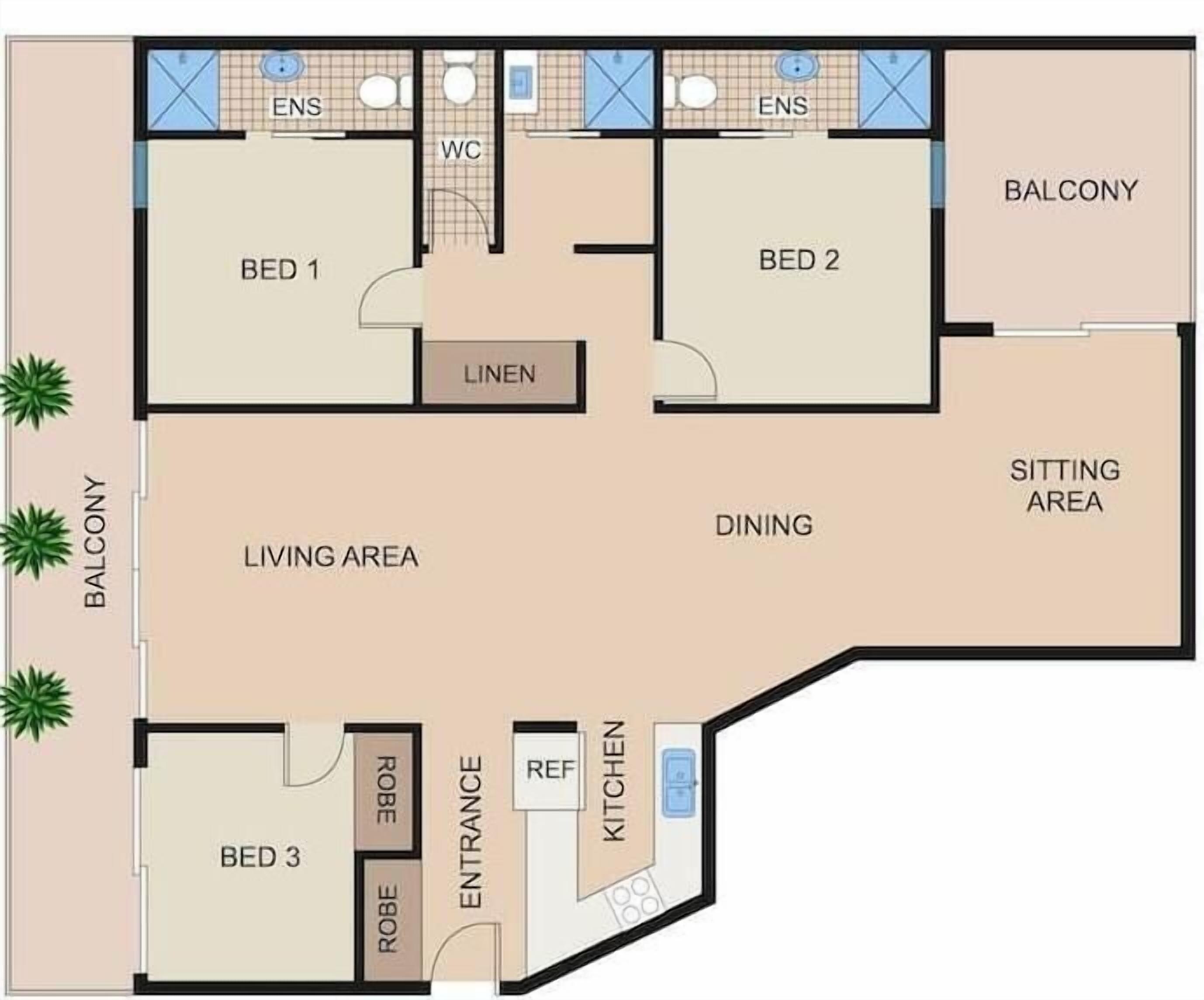 Een plattegrond met drie slaapkamers, een woonkamer, een eetgedeelte, keuken en een balkon.