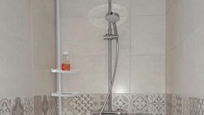 A shower with a handheld showerhead and a wall-mounted faucet. - Cosy dwelling in the village center (Aubigné-Racan)