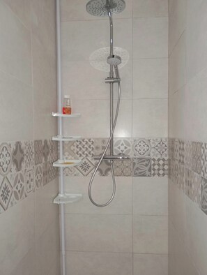 Douche, sèche-cheveux, serviettes fournies, savon