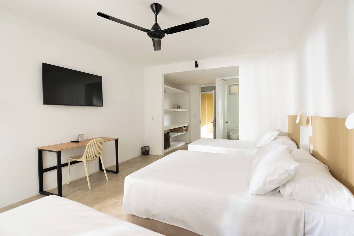 Habitación de hotel con cama, escritorio, silla, ventilador de techo y televisión.