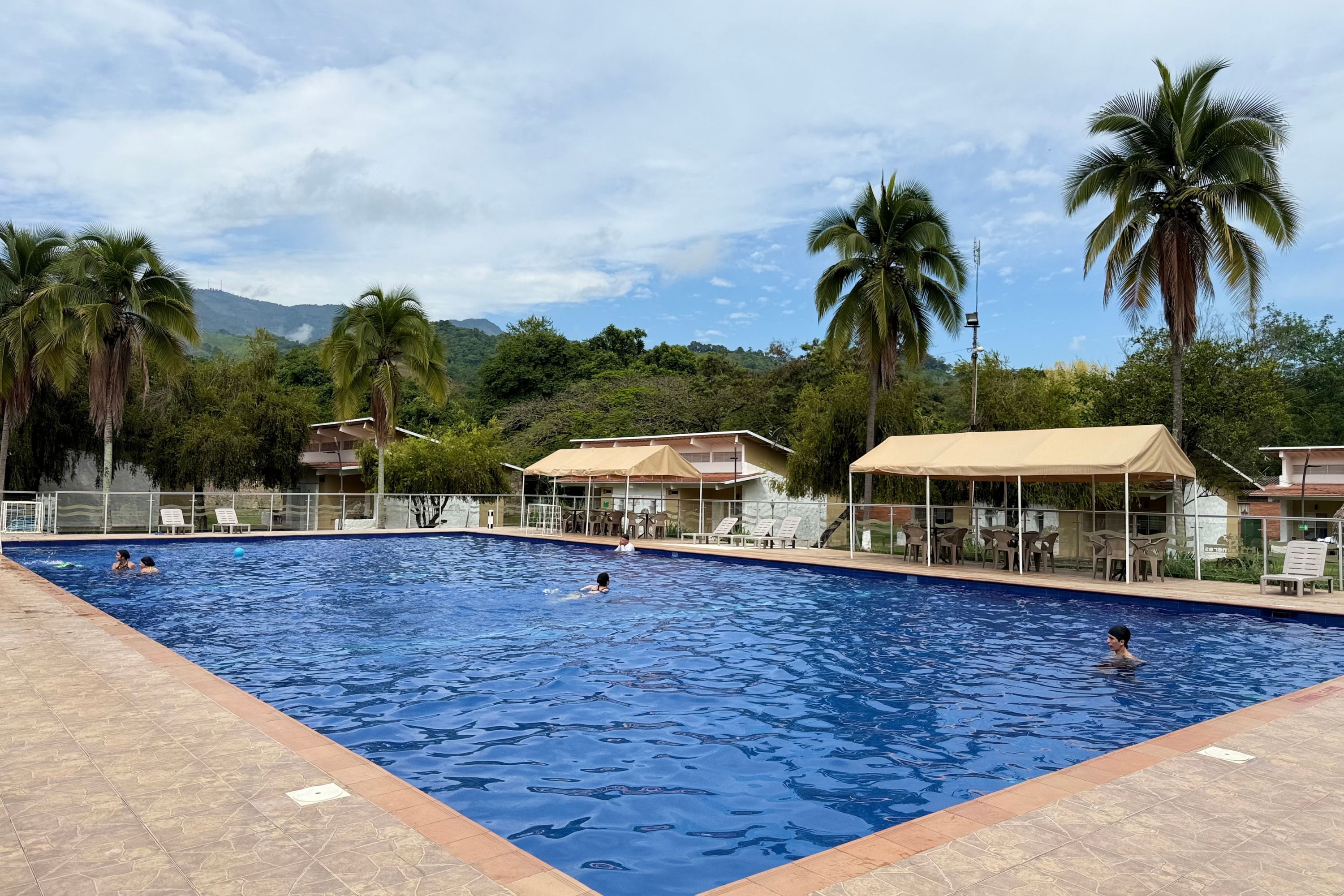 Una piscina con borde de azulejos, rodeada de palmeras y con una montaña al fondo.