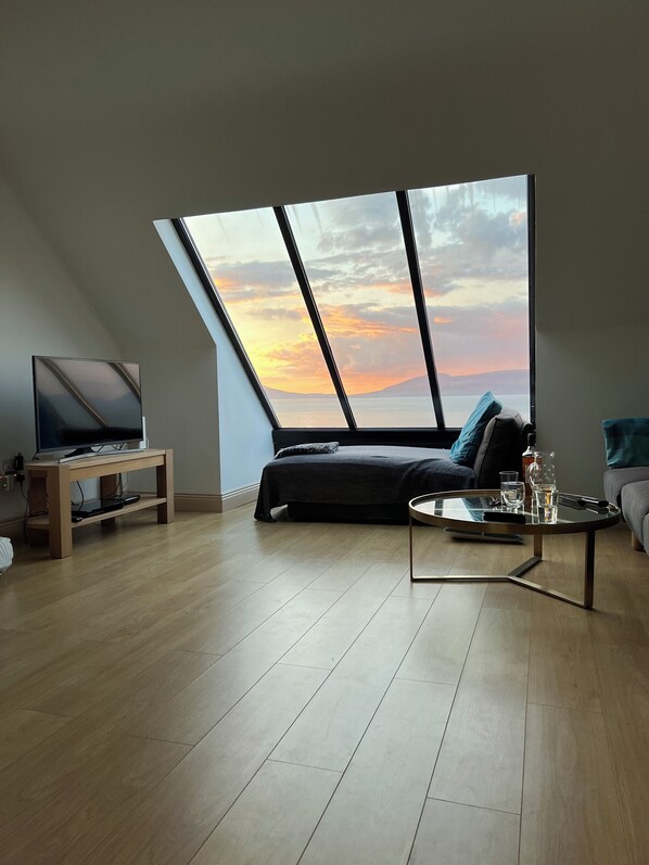 Älytelevisio, takka, DVD-soitin, kirjoja