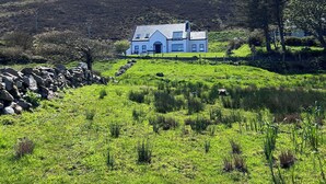 Ein weißes Haus mit Steinmauer und einem grasbewachsenen Feld im Vordergrund.