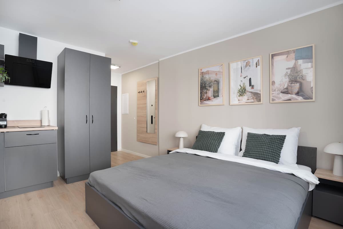 A modern bedroom with a large bed, a built-in wardrobe, a flat-screen TV, and a small desk area.