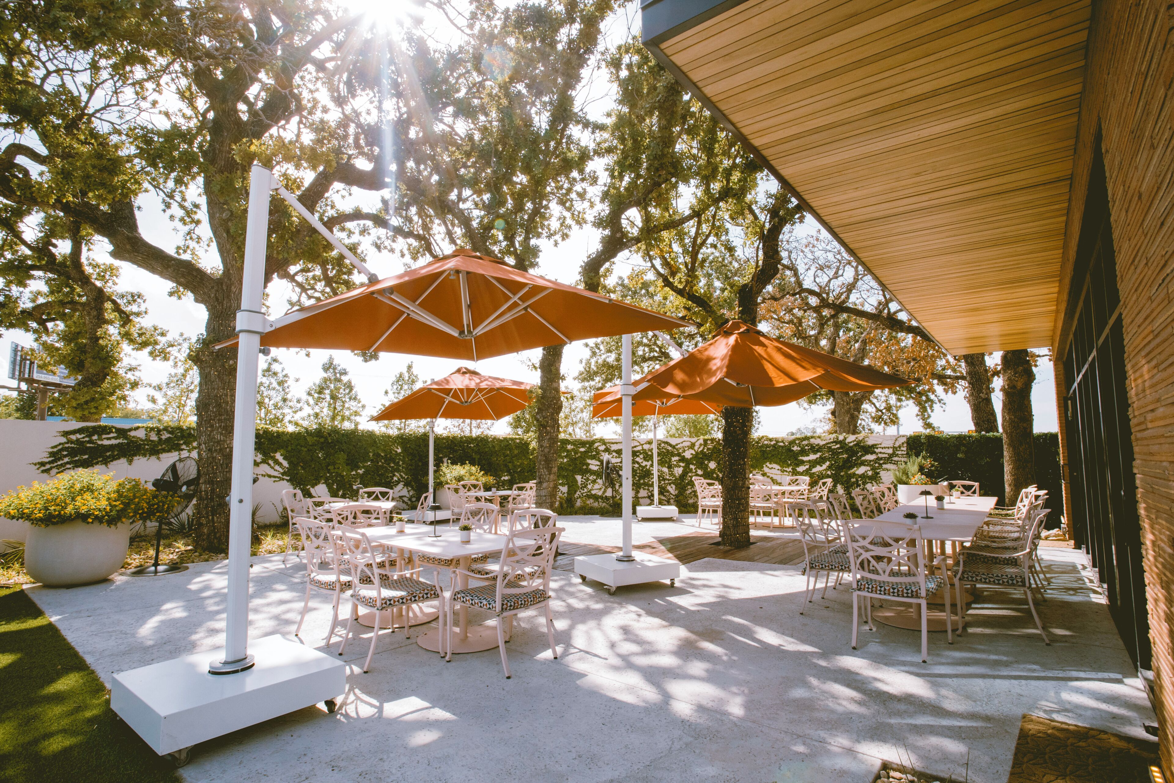 An outdoor patio area with tables and chairs, shaded by large umbrellas, surrounded by trees.