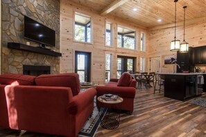 Smart TV, fireplace, books