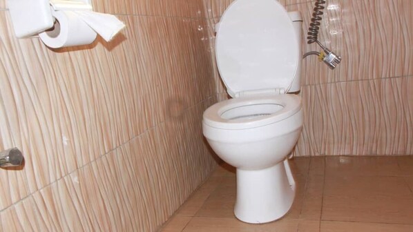 A toilet with a white seat and lid, a toilet paper holder on the wall, and a visible plumbing fixture.