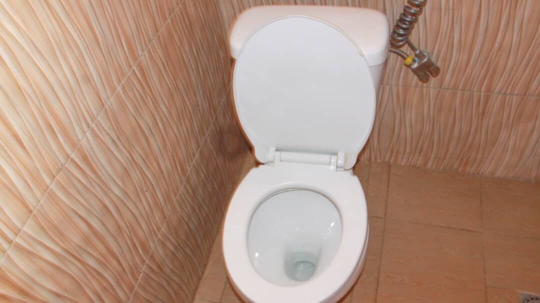 Un inodoro con asiento y tapa blancos, un dispensador de papel higiénico a la vista y una pared con un diseño ondulado.