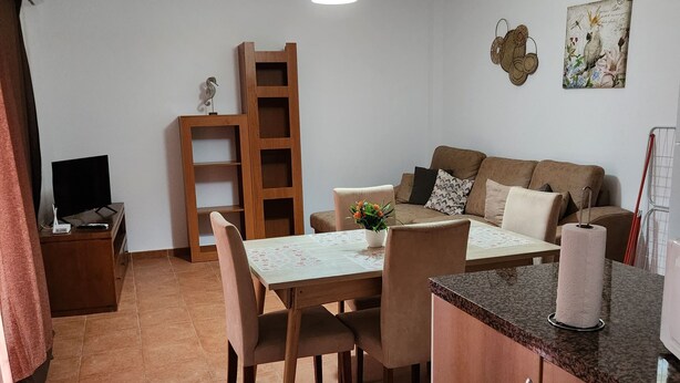 A compact living space with a dining area, a sofa, a TV, and a ladder.