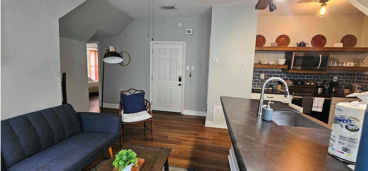 A compact living space with a sofa, a chair, a small table with a plant, a kitchen area with a microwave and sink, and a door leading to another room.